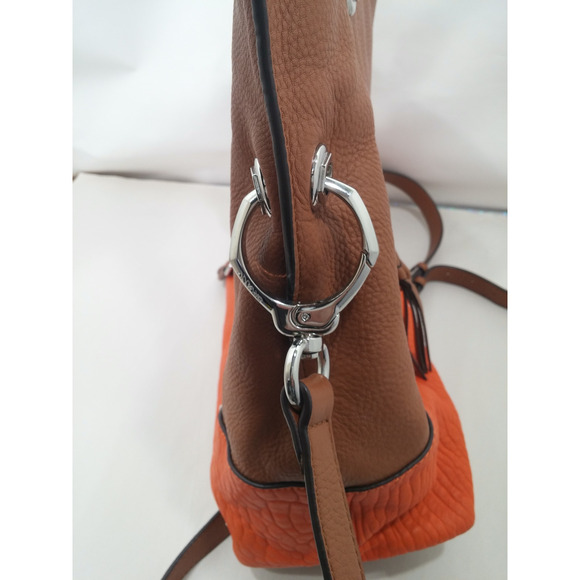 Cognac Pebbled Leather Purse Colorblock Crossbody Bag Silver Accents Handles - Picture 6 of 12